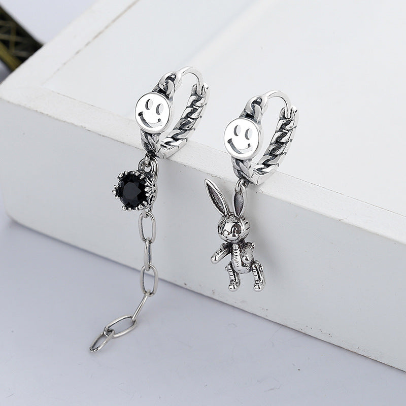 Origsoul silver cute rabbit charm earrings with smiley face hoops and black gemstone chain detail