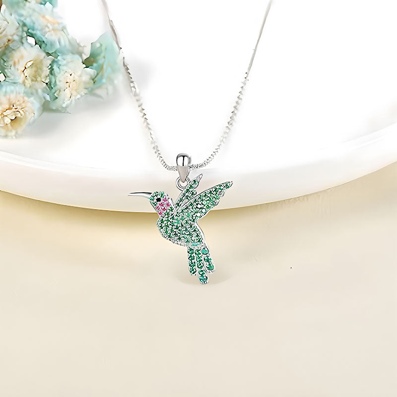 Origsoul green hummingbird pendant necklace with silver chain and sparkling stones