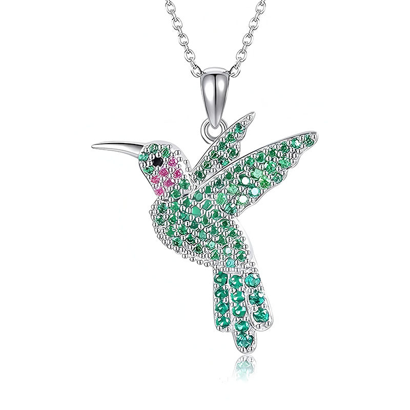 Origsoul green hummingbird pendant necklace with silver chain and sparkling green and pink stones