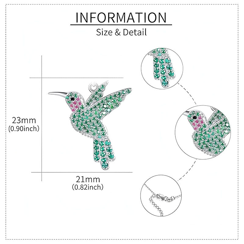 Origsoul green hummingbird pendant necklace detailed close-up with size dimensions and chain clasp