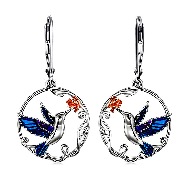 Origsoul handcrafted bird drop earrings featuring blue and purple hummingbirds with orange flowers