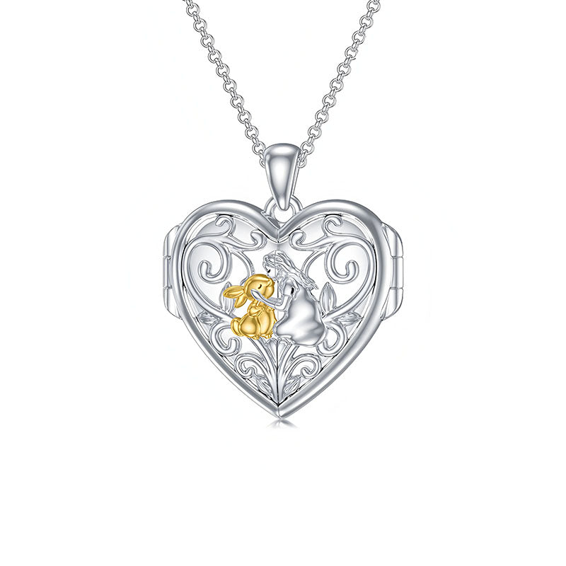 Origsoul heart locket necklace bunny design with intricate silver and gold detailing
