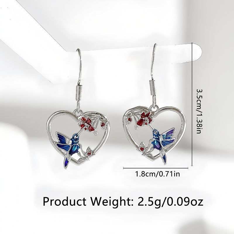 Origsoul hummingbird heart earrings with blue and red accents, silver tone and delicate design
