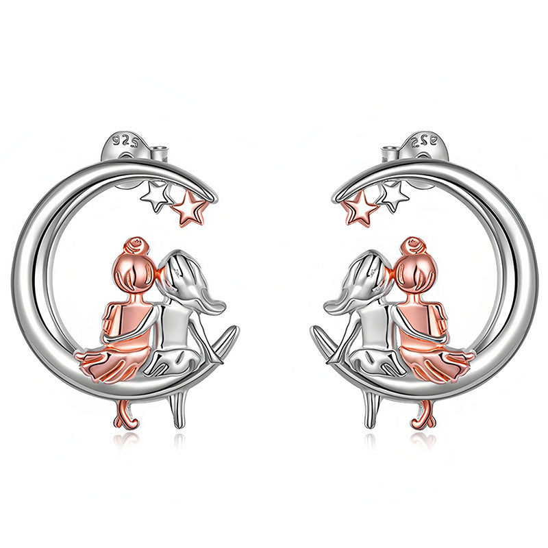 Origsoul moon and star fashion earrings featuring a silver crescent moon with rose gold couple sitting and two stars