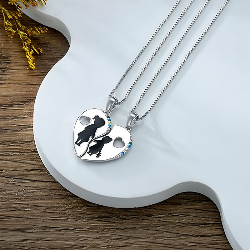 Origsoul sterling silver mother daughter necklace set with heart-shaped pendants and silhouette designs