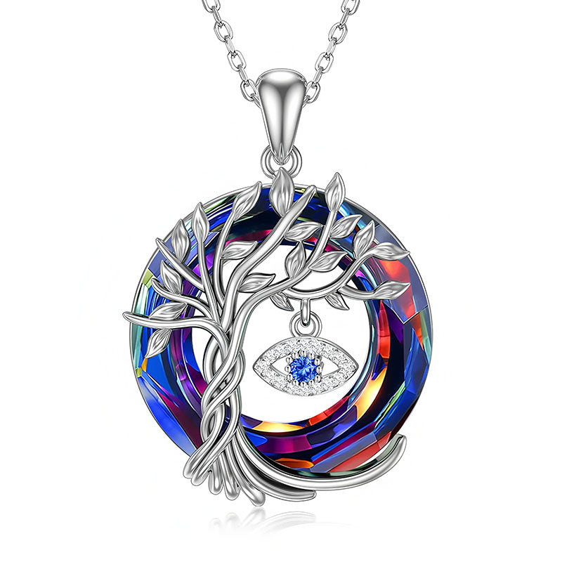Origsoul tree of life pendant necklace with silver tree design and multicolor circular background featuring eye charm