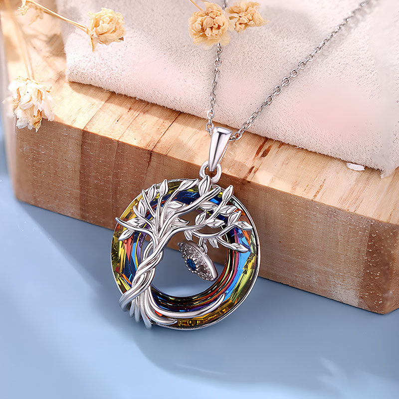Origsoul tree of life pendant necklace with silver tree design and colorful circular crystal centerpiece