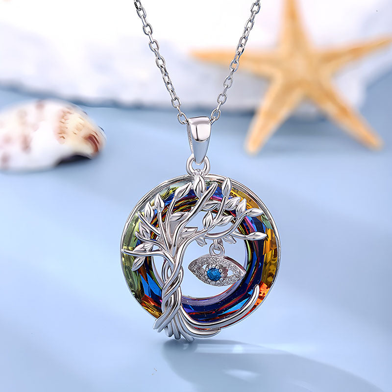 Origsoul tree of life pendant necklace with silver tree and colorful crystal circle on silver chain
