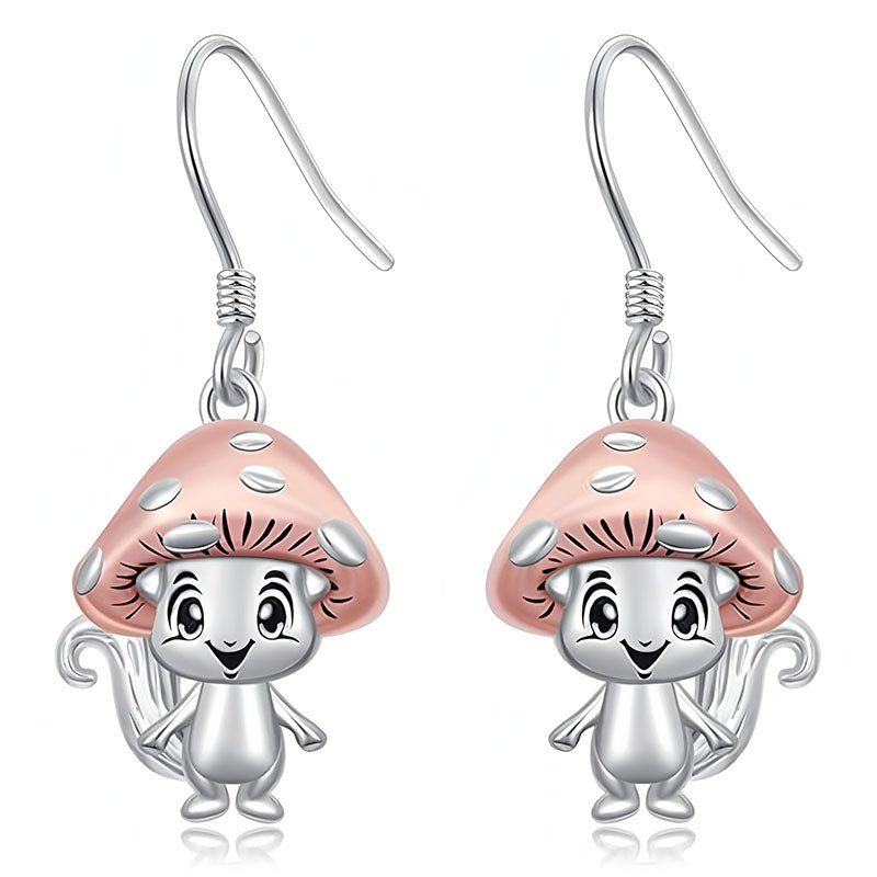 Origsoul whimsical mushroom charm earrings with pink caps and silver smiling faces