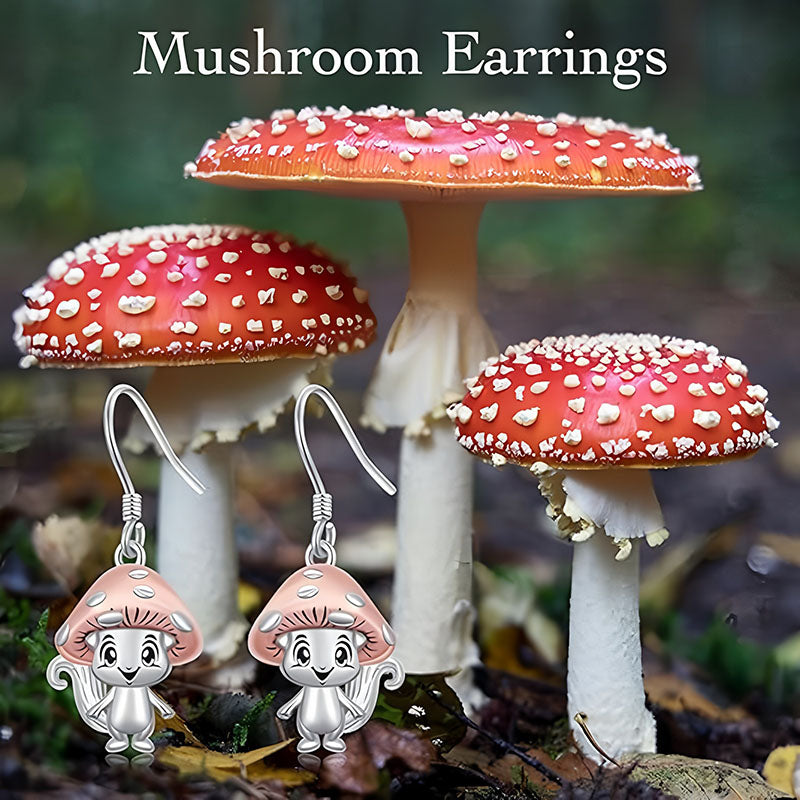 Origsoul whimsical mushroom charm earrings featuring cute pink mushroom characters with silver hooks