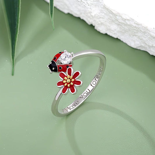 Colorful Ladybug and Floral Enamel Ring