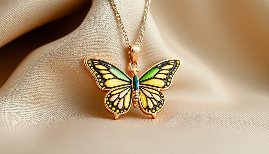 A premium butterfly pendant necklace on elegant fabric