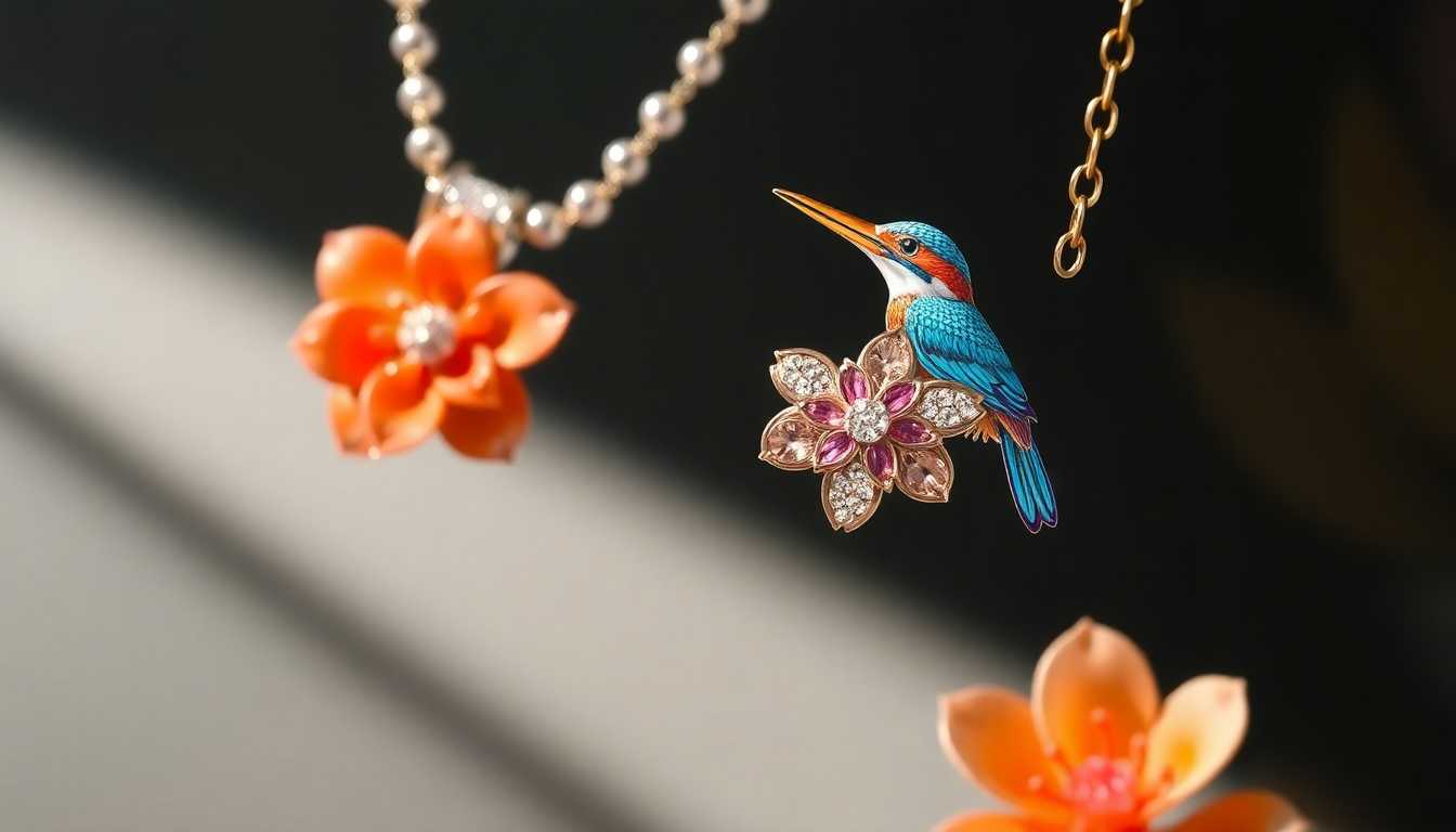 Elegant Perla designer jewelry with kingfisher and flower motifs