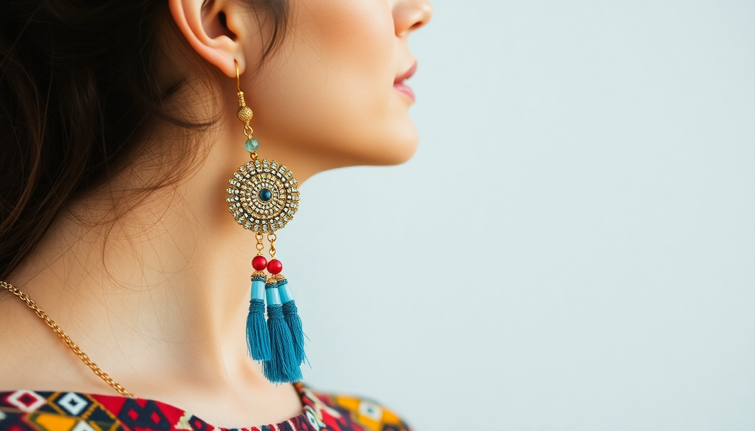 A woman wearing unique handmade earrings and stylish outfit
