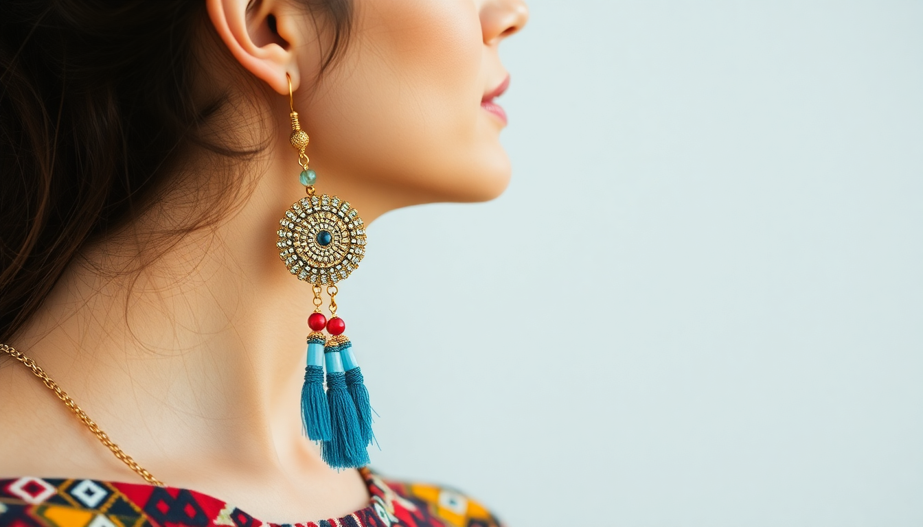 A woman wearing unique handmade earrings and stylish outfit