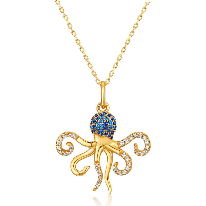 Blue Spinel Octopus Pendant Necklace in 925 sterling silver, worn on the collarbone — Origsoul
