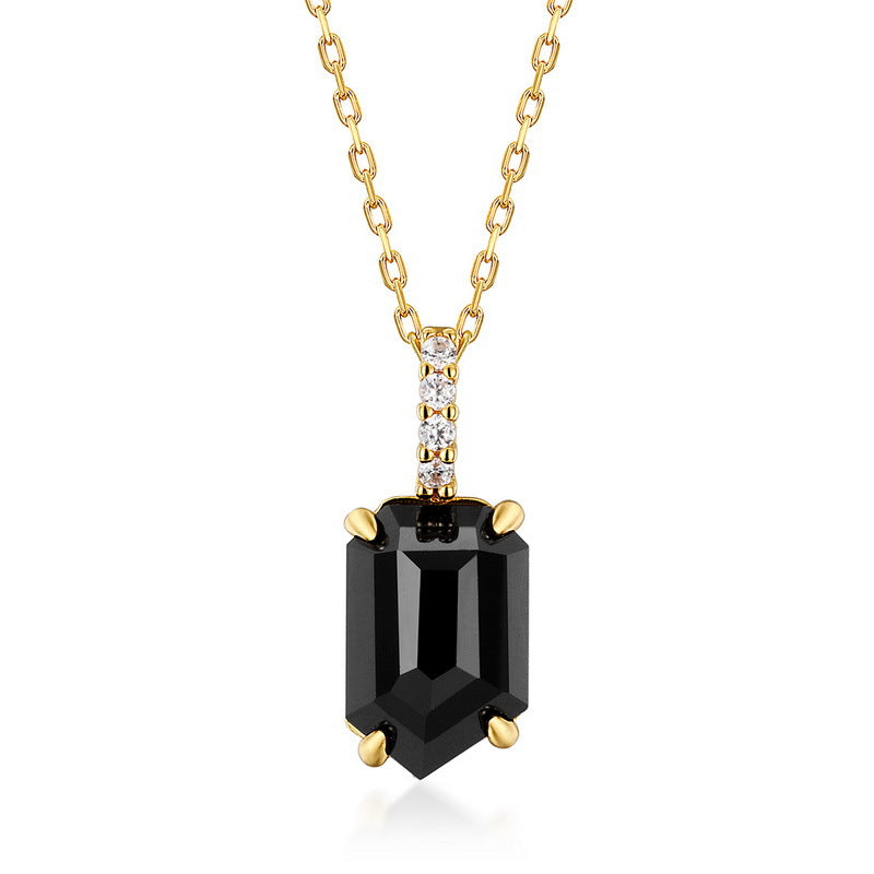 Black Onyx Geometric Pendant Necklace in 925 sterling silver, worn on the collarbone — Origsoul