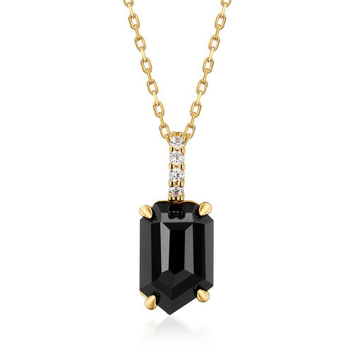 Black Onyx Geometric Pendant Necklace in 925 sterling silver, worn on the collarbone — Origsoul