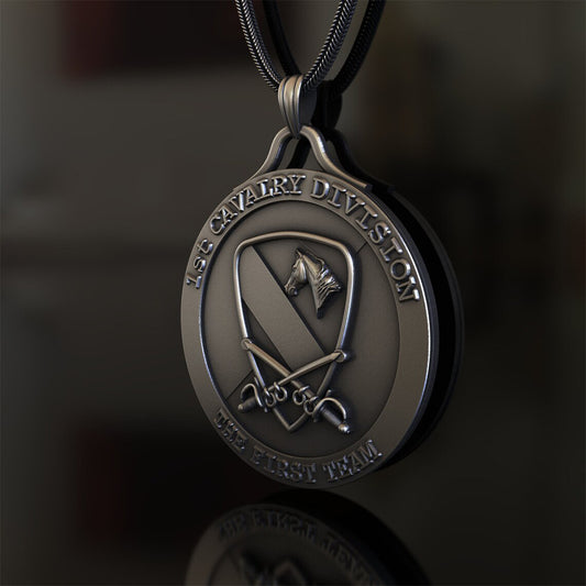 Origsoul 1st Cavalry Division pendant in dark metal with detailed horse head and crossed sabers design