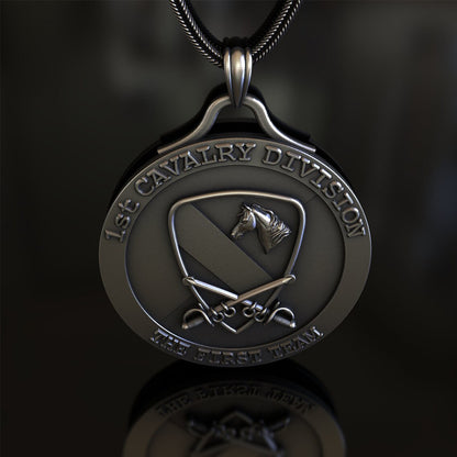 Origsoul 1st Cavalry Division pendant with horse emblem and crossed sabers in silver-tone metal