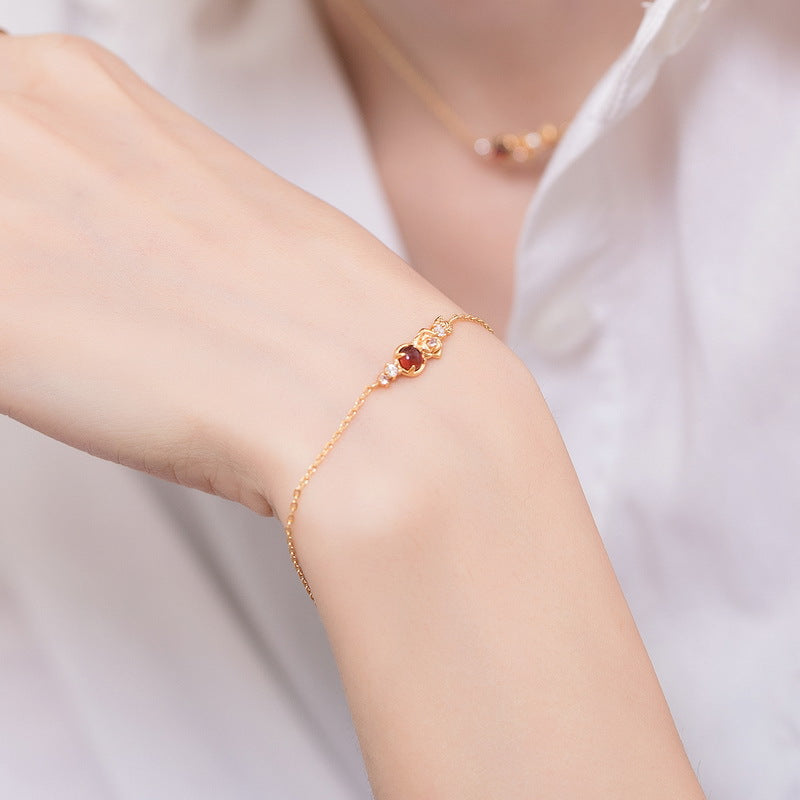 Gold-Plated 925 Sterling Silver Garnet Flower Bracelet