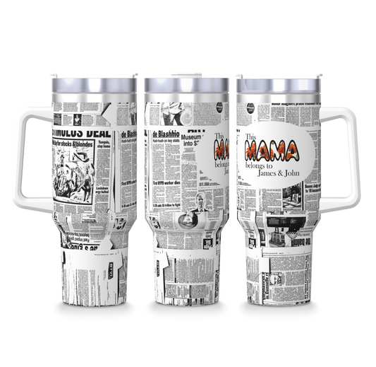 Origsoul 40oz insulated tumbler with handle featuring custom newspaper print design