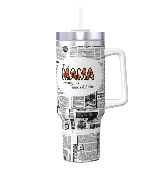 Origsoul 40oz insulated tumbler with handle featuring custom newspaper print and personalized text design