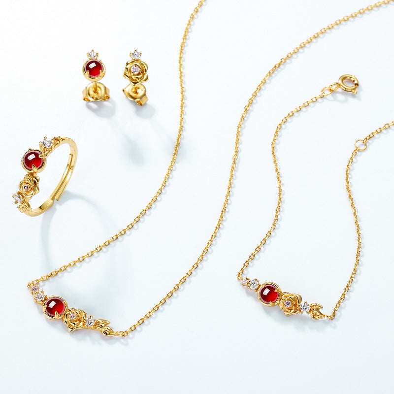 Gold-Plated 925 Sterling Silver Garnet Flower Bracelet