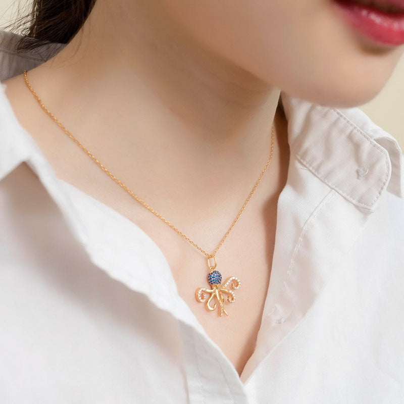 Blue Spinel Octopus Pendant Necklace in 925 Sterling Silver