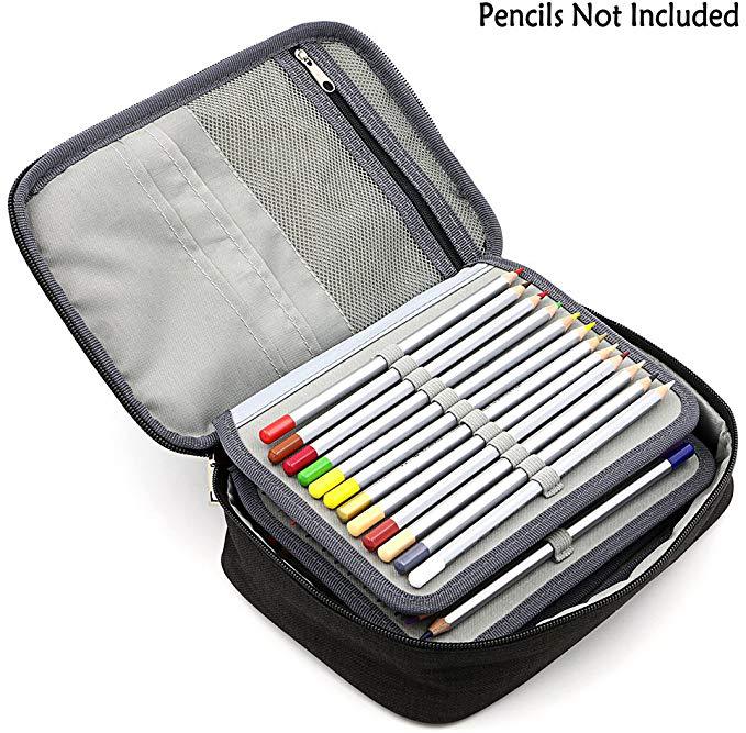 Origsoul 72 slot pencil case organizer in black with elastic loops holding colored pencils and a mesh zipper pocket