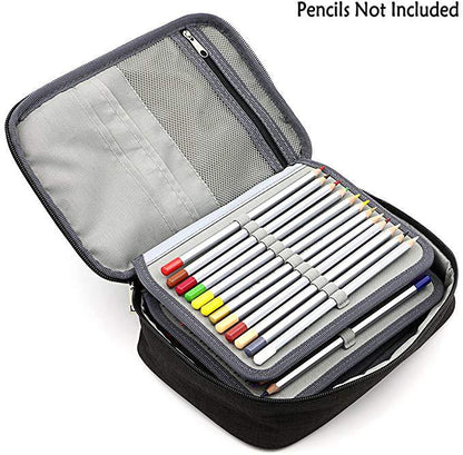 Origsoul 72 slot pencil case organizer in black with elastic loops holding colored pencils and a mesh zipper pocket