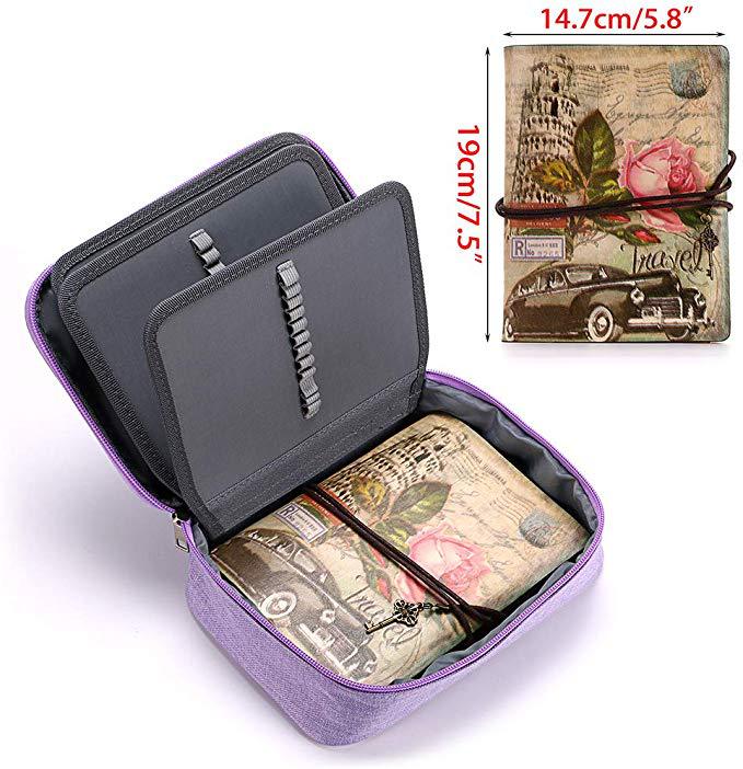 Origsoul 72 slot pencil case organizer with vintage floral and car design in purple fabric