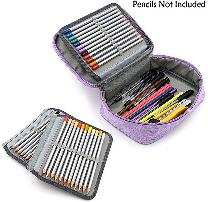 Origsoul 72 slot pencil case organizer in purple and gray, open to show multiple colored pencils and pens inside