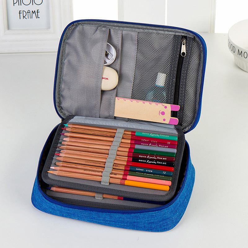 Origsoul 72 slot pencil case organizer in blue holding colored pencils and school supplies