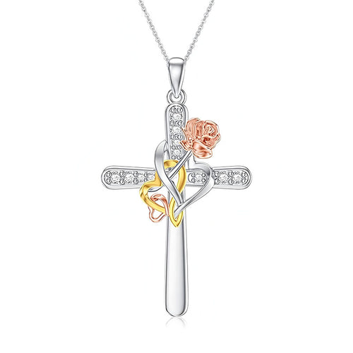 Origsoul 925 silver cross pendant for women with rose gold and yellow heart accents
