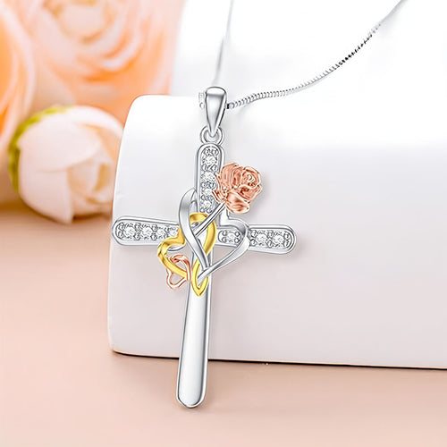 Origsoul 925 silver cross pendant for women with rose and sparkling details on a delicate chain