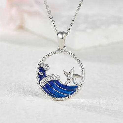 925 silver Hawaiian wave necklace featuring blue accents and a starfish pendant design