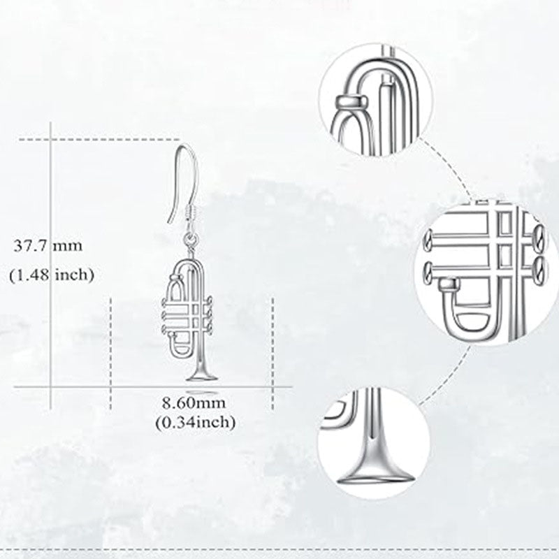 Origsoul 925 silver trumpet earrings with detailed trumpet design and size measurements