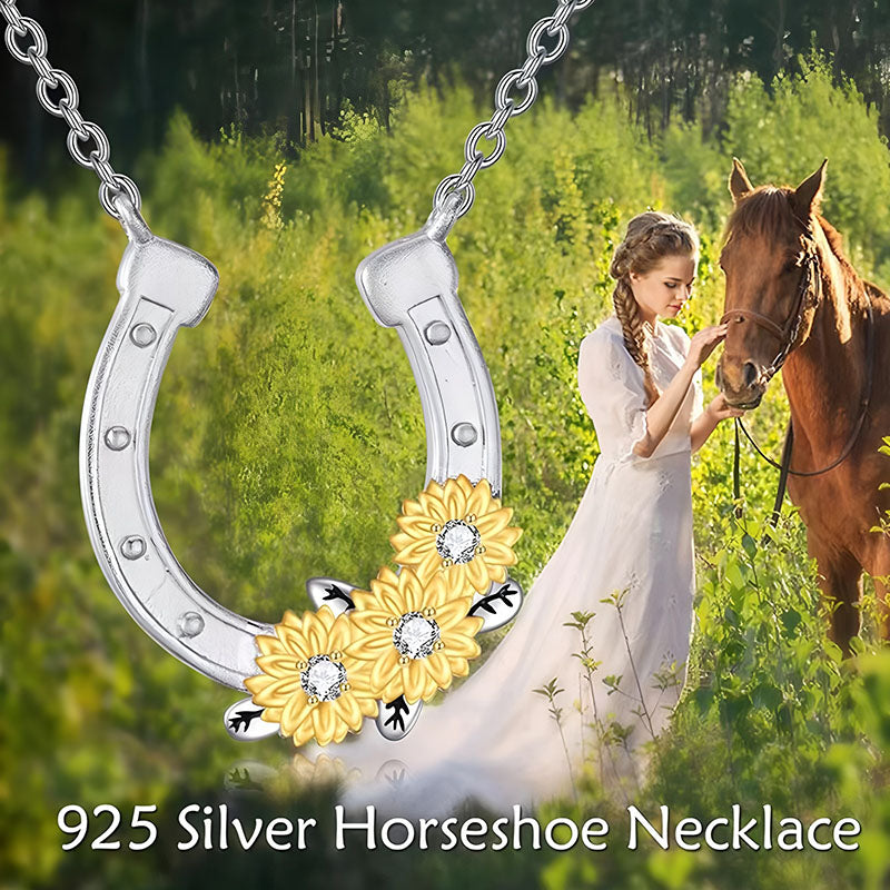 Origsoul lucky horseshoe necklace with 925 silver and gold flower accents on a chain