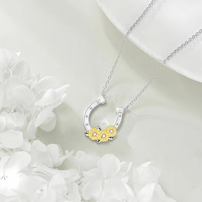 Origsoul lucky horseshoe necklace with yellow flower accents on silver chain jewelry
