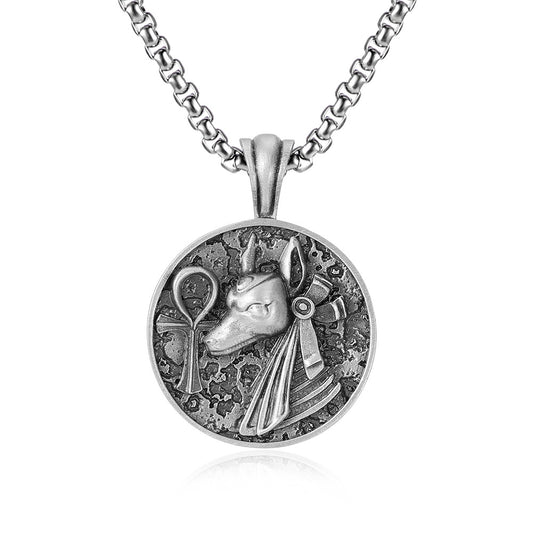 Origsoul Anubis pendant necklace with detailed silver Anubis head and Egyptian ankh symbol
