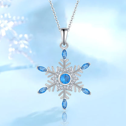 Origsoul silver frozen snowflake necklace pendant with blue gemstones and clear crystals on delicate chain