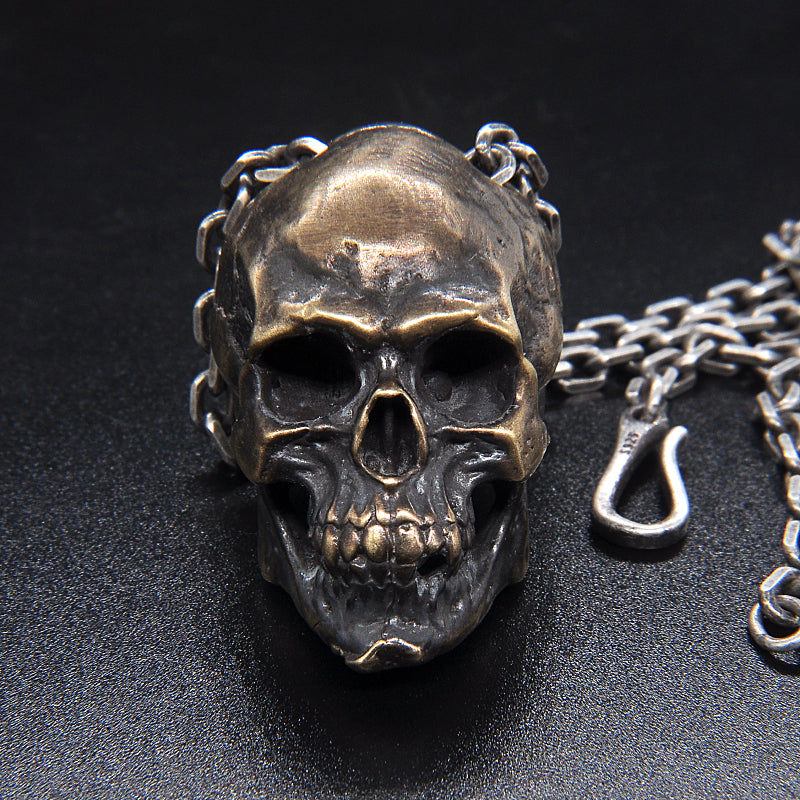 Origsoul artisan skull pendant for men in detailed silver metal with matching chain necklace