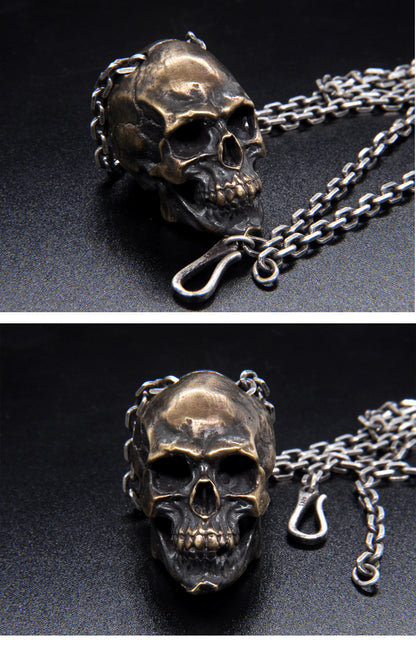 Origsoul artisan skull pendant for men made of metal with detailed engraving on a silver chain necklace