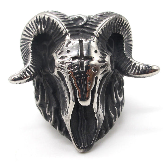 Origsoul detailed silver baphomet ring for men featuring a goat head design with horns