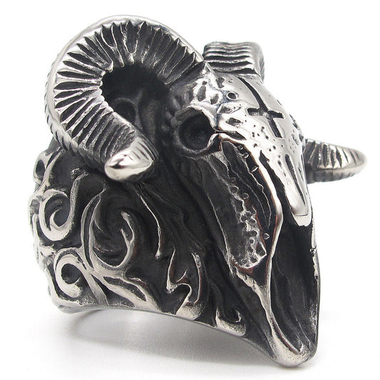 Origsoul detailed baphomet ring for men featuring ram skull design in silver