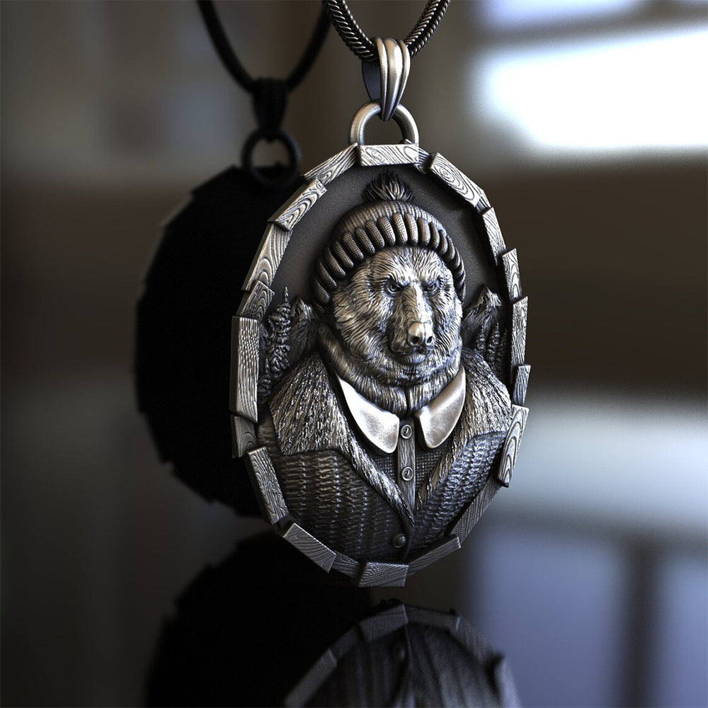 Origsoul detailed bear pendant necklace featuring a bear in winter clothing on a silver chain