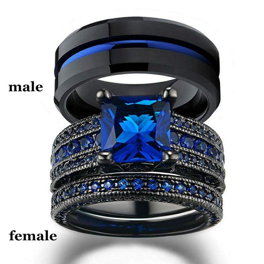Origsoul black gold blue cz engagement ring set with large square blue stone and matching bands