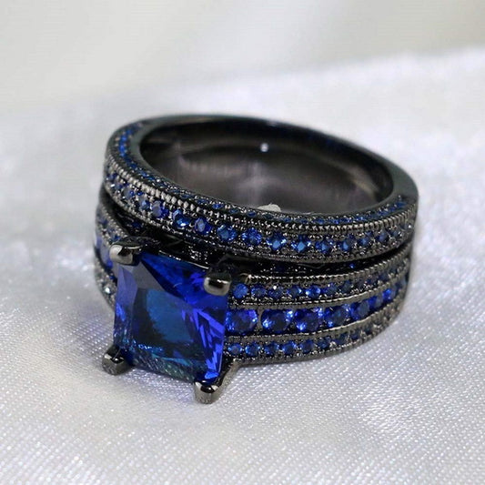 Origsoul black gold blue cz engagement ring with large square blue stone and detailed band
