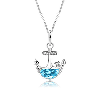 Origsoul blue zirconium anchor necklace with silver chain and sparkling crystal accents
